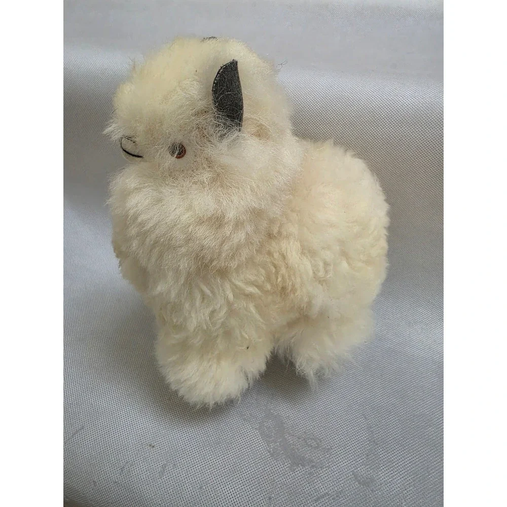 Vintage Handmade Real Alpaca Fur Llama Figurine White Small Stuffed Toy